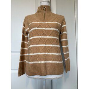Talbots Petite Cozy Camel Striped Quarter Zip Sweater Cable Knit Size P Soft